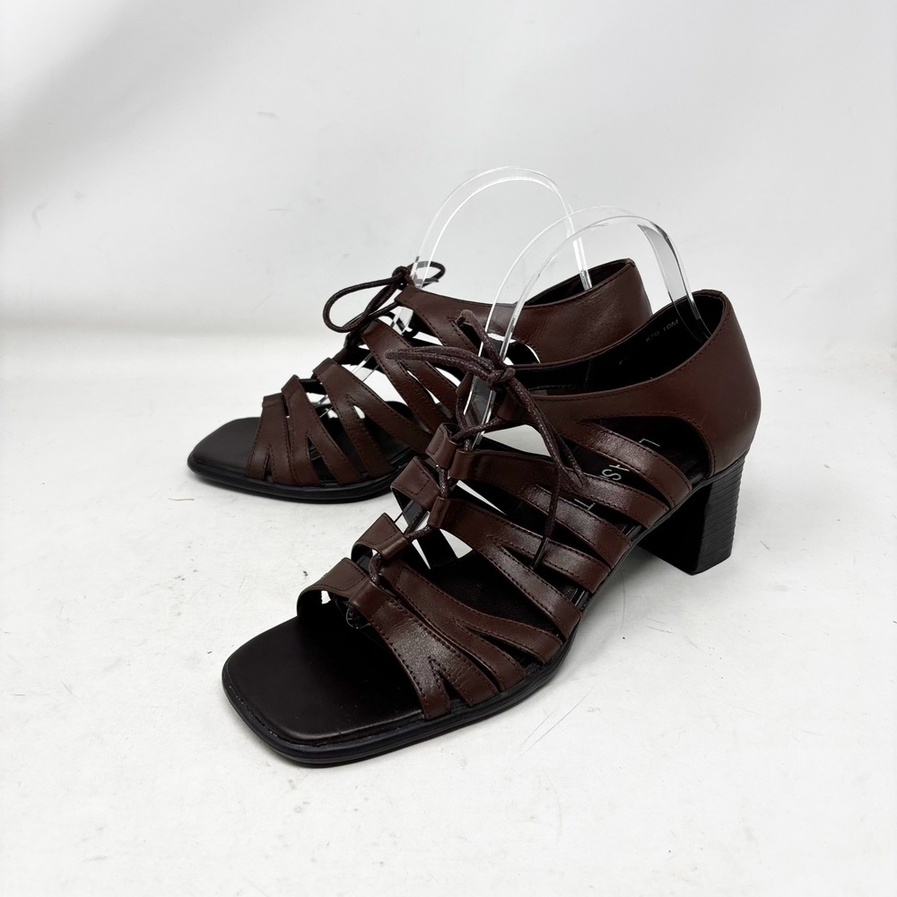 90s Laura Scott Jill Brown Leather Strappy Lace Up‎ Block Heel Sandals Size 10M